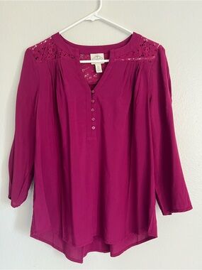 St. John's Bay Lace-Yoke Henley Blouse in Fuchsia
